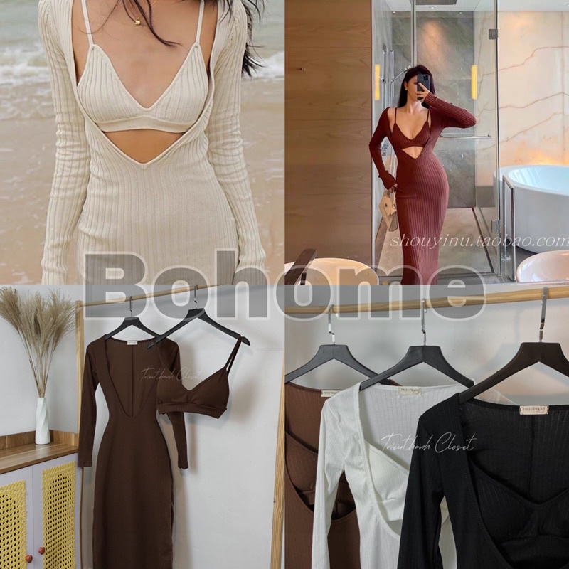BOHOME- Set đầm maxi kèm áo bra,đầm sexy, thời trang nữ,đầm nữ , đầm body,áo bra ( đen,trắng,nâu)