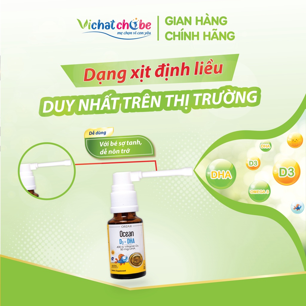 Orzax Ocean D3 + DHA dạng xịt cho bé - Giúp hấp thu canxi, tăng chiều cao, phát triển trí não và thị lực 20ml