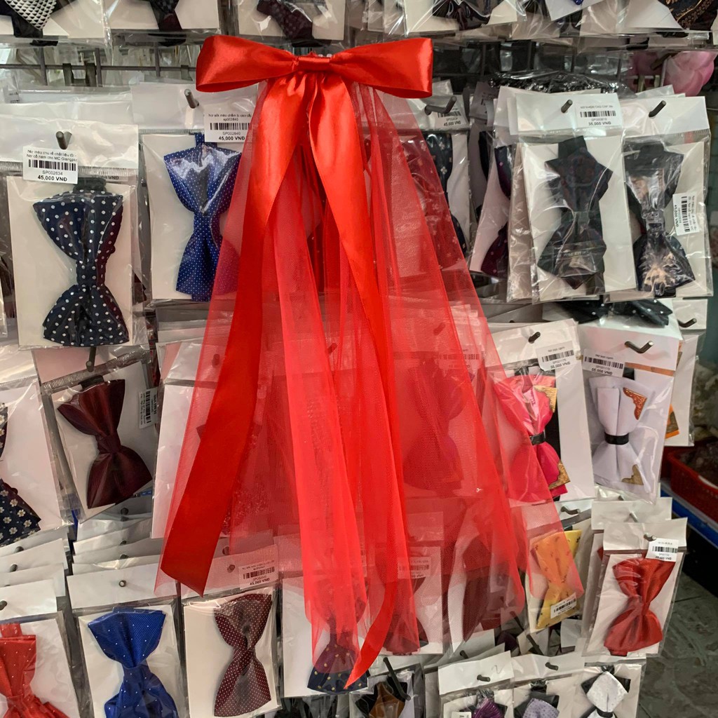 Lúp cô dâu ngắn màu đỏ có thắt nơ ry băng màu đỏ