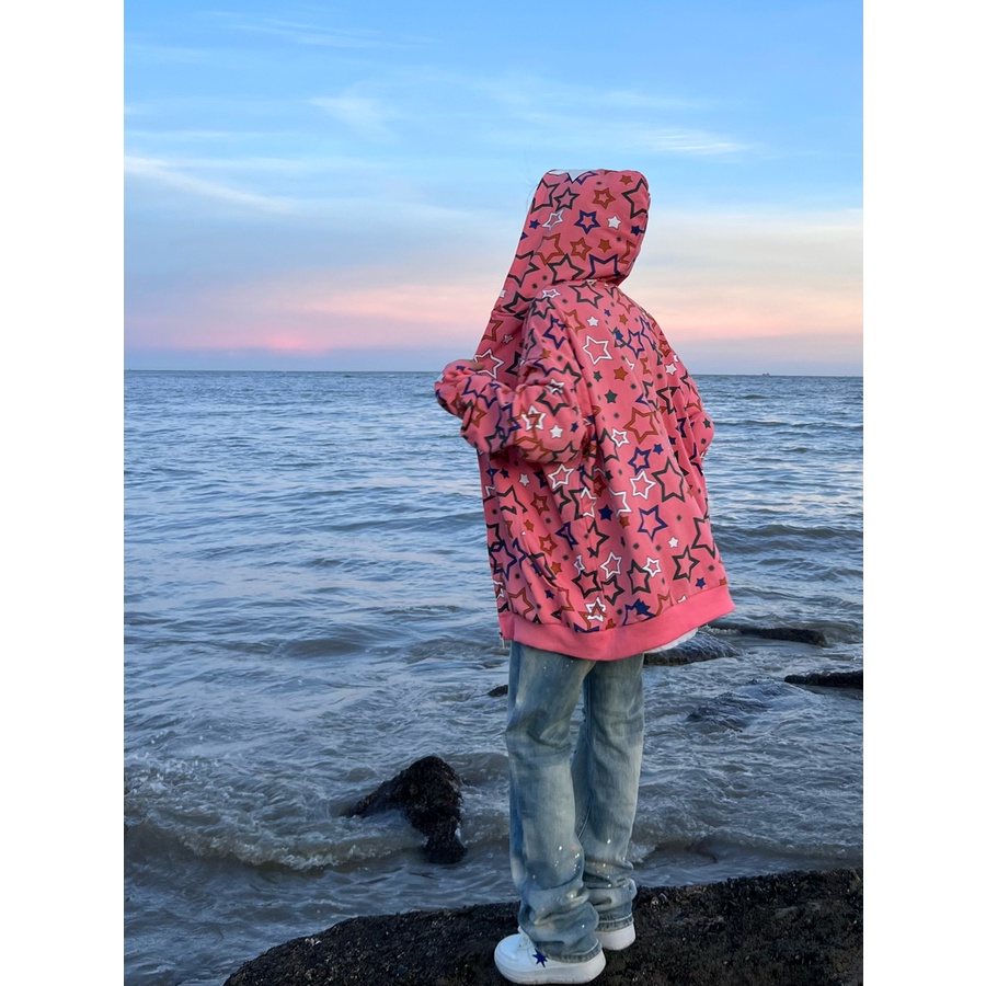 Áo Hoodie Tay Dài Dáng Rộng In Hình Ngôi Sao Năm Cánh Phong Cách Preppy Dễ Phối Đồ