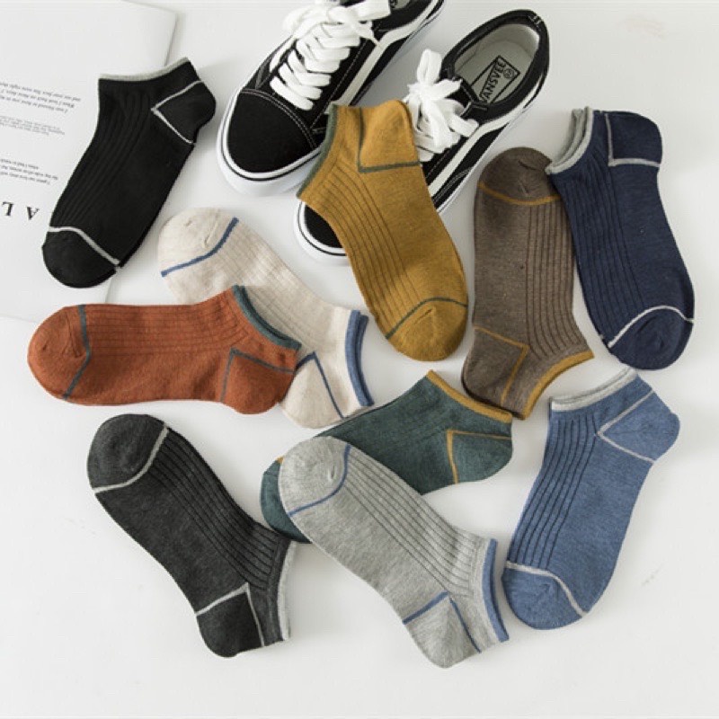 Combo 10 đôi tất , vớ cổ ngắn kẻ viền cotton co giãn , thoáng mát thấm hút mồ hôi dành cho nam