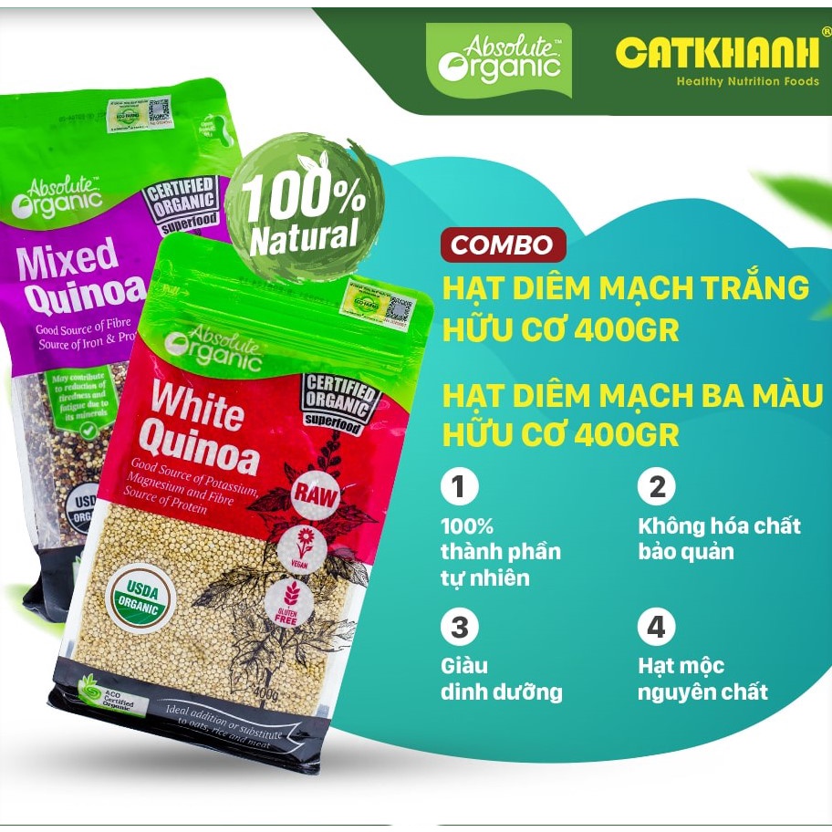 Combo Hạt diêm mạch trắng hữu cơ 400gr &amp; Hạt diêm mạch ba màu hữu cơ 400gr Absolute Organic