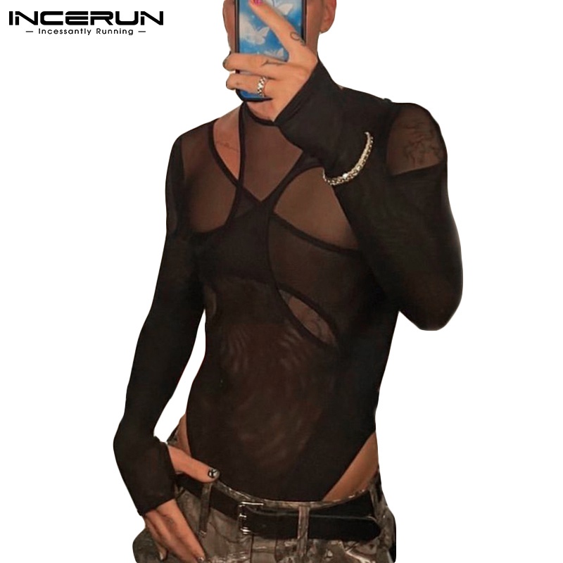 Áo liền quần INCERUN ôm dáng tay dài thiết kế rỗng xuyên thấu quyến rũ cho nam