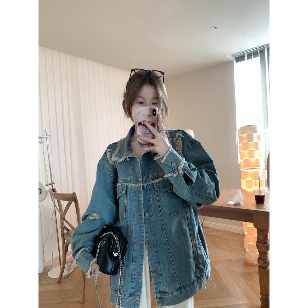 【ZHELIHANGFEI】Áo Khoác Denim Dáng Rộng Phối Tua Rua Kiểu Vintage Cá Tính