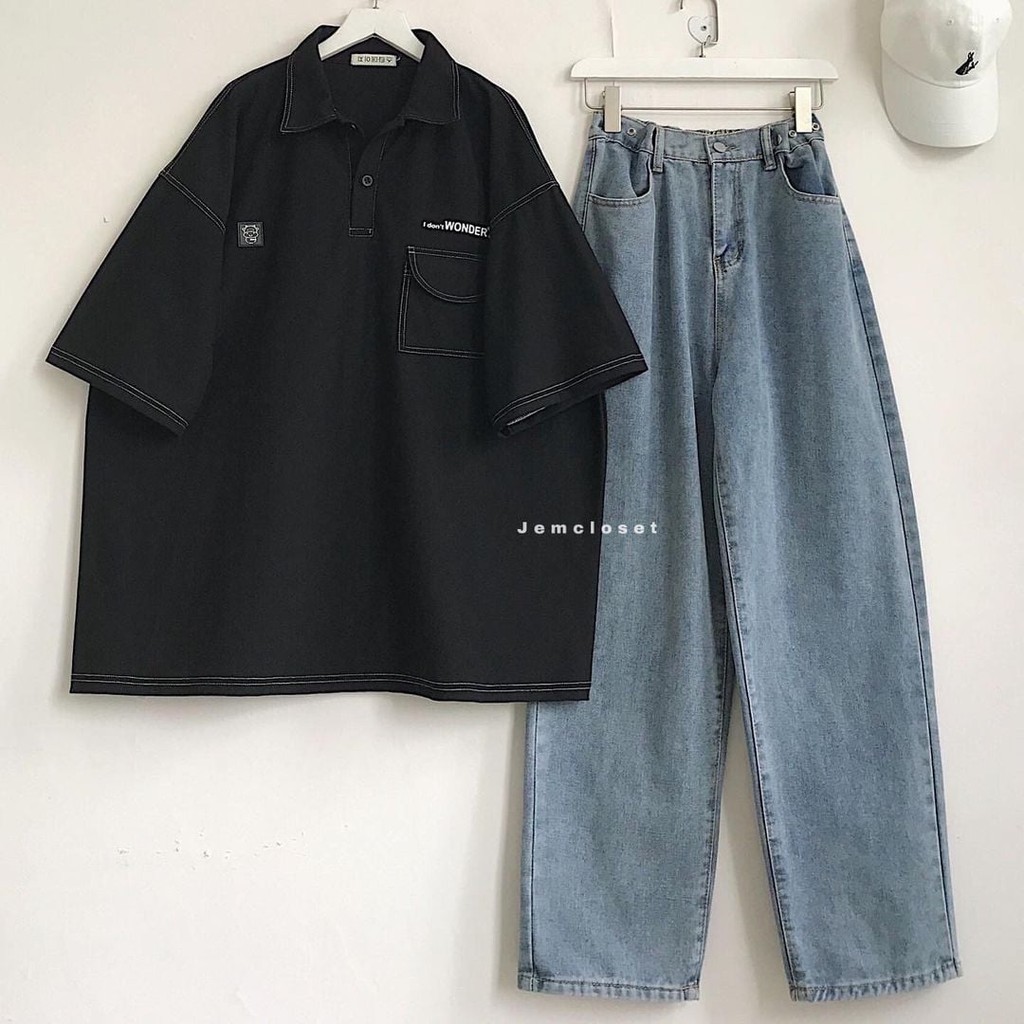 Áo Thun Polo Nữ JEMCLOSET Phông Form Rộng Oversize Tay Ngắn Chỉ Viền 2 màu Basic Đen Và Trắng  Wondo - 10010