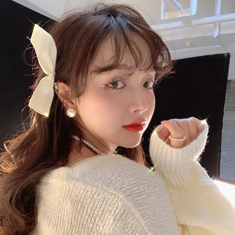 Set 2 Kẹp Tóc Nơ Ruy Băng Đen Trắng Phong Cách Vintage