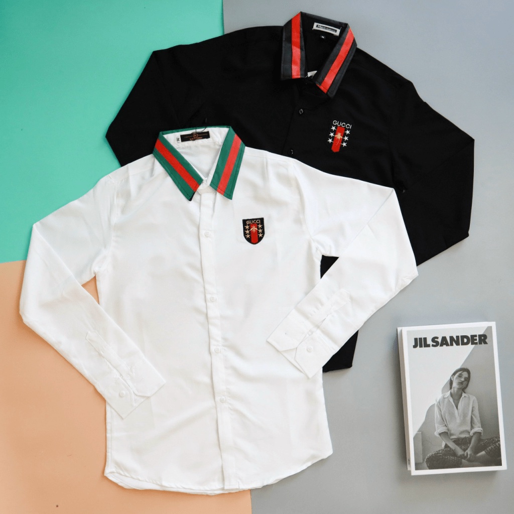 Áo Sơ Mi Nam Dài Tay Kiểu Dáng Unisex Logo Thêu Phối Viền Cổ Form Chuẩn Mặc Đẹp Siêu Hot [NEW UNISEX]
