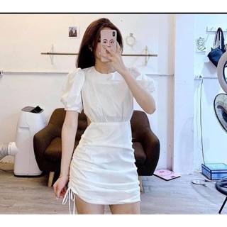 Bán sỉ ảnh thật váy trắng tay bồng rút dây eo