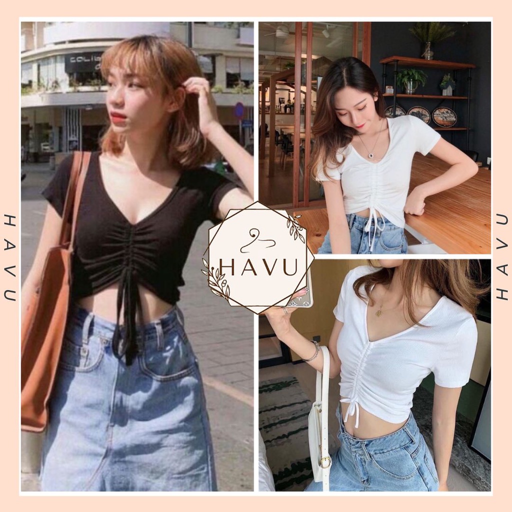 Áo Croptop Rút Dây Giữa Ngực Nữ - Áo thun trơn body dáng ôm, cộc tay, cổ chữ V phong cách vintage