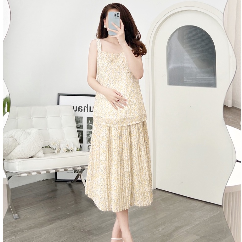 MEDYLA - Áo bầu 2 dây 2 lớp chiffon lót lụa cho bầu thoải mái mặc trong và sau sinh mặc kèm chân váy hoa xếp ly - ASM121