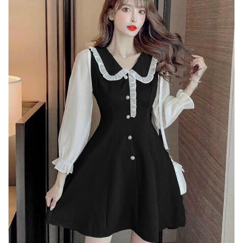 Váy đen cổ tiểu thư viền bèo | BigBuy360 - bigbuy360.vn