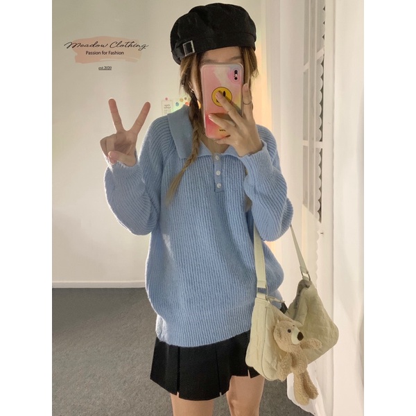 Áo Len polo dày dặn, form rộng tay dài màu xanh, style Hàn Quốc siêu xinh