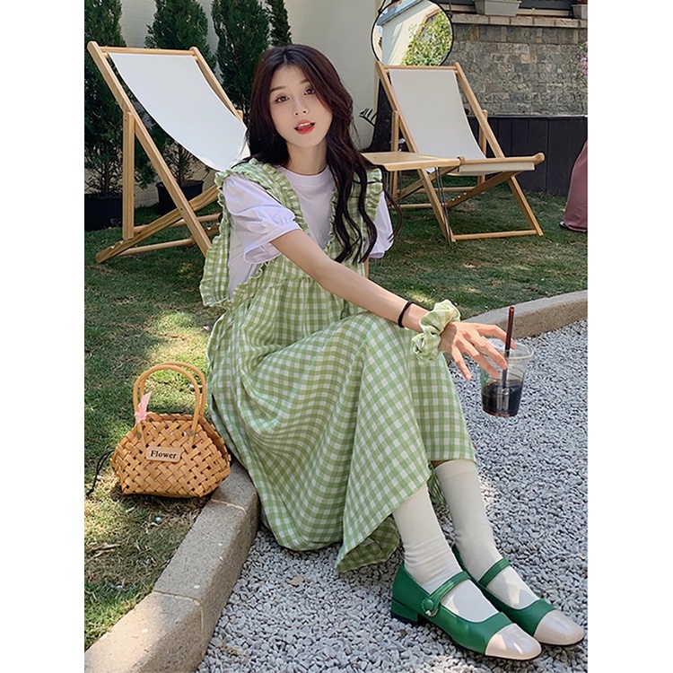 Váy dài nữ, Yếm kẻ caro 💋phong cách ullzang💋 thắt dây vải cotton mềm mát bánh bèo