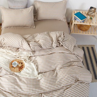 Bộ Chăn Ga Gối Cotton Poly Caro Nâu Be