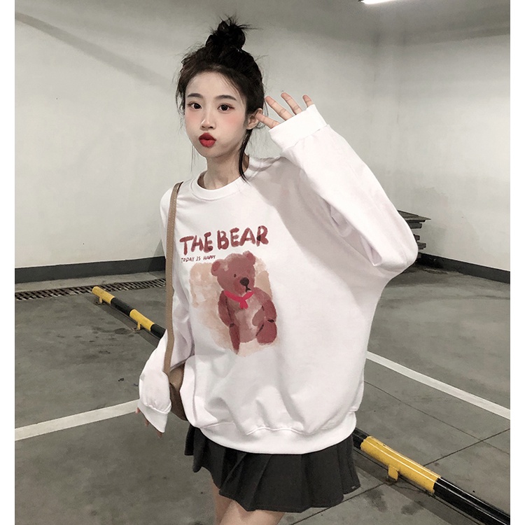 【ZHELIHANGFEI】Áo Thun Sweater Tay Dài Dáng Rộng In Hình Gấu Dễ Phối Đồ