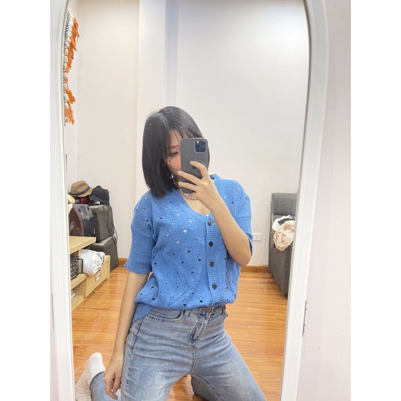 [SẴN-ẢNH THẬT] Áo khoác len cảdigan tay ngắn bo giả xắn tay túi chéo