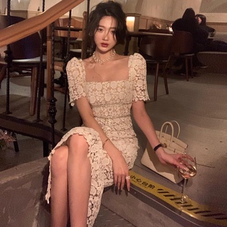 Yoyo Đầm ren Hàn Quốc Cổ vuông Đầm dài kiểu Pháp Retro Đầm dài Đầm mỏng Đầm dài Đầm ren trắng