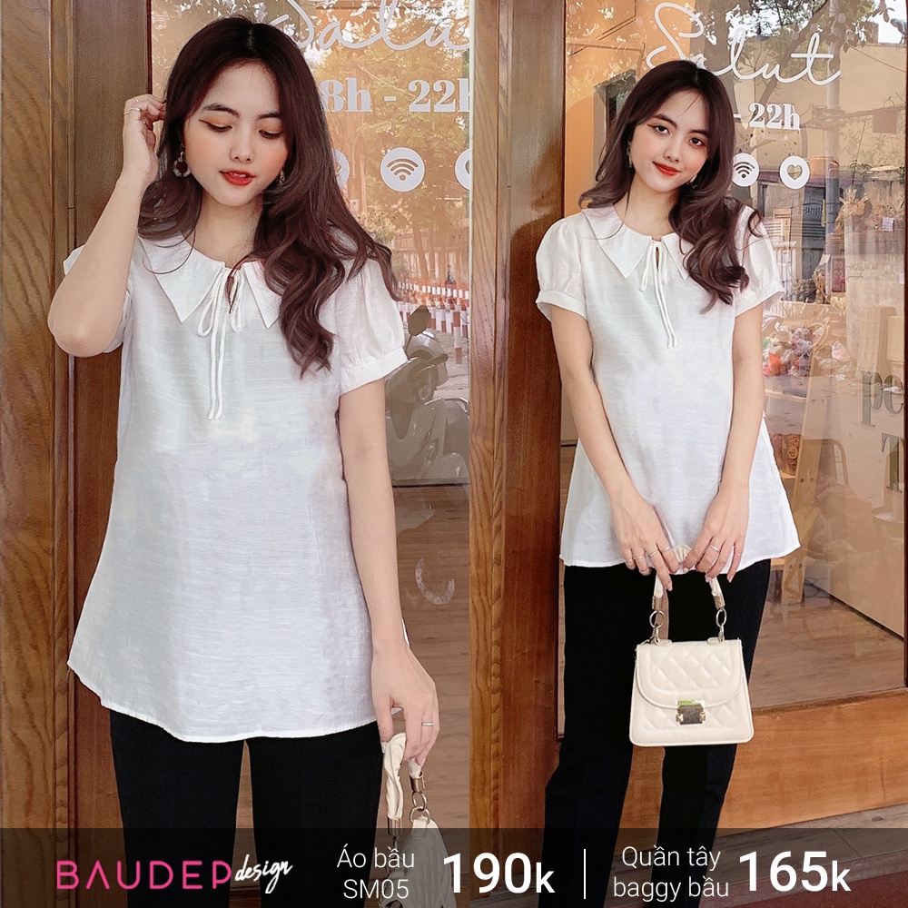 Áo bầu công sở SM05 Trắng - Áo bầu xinh, quần tây bầu baggy công sở