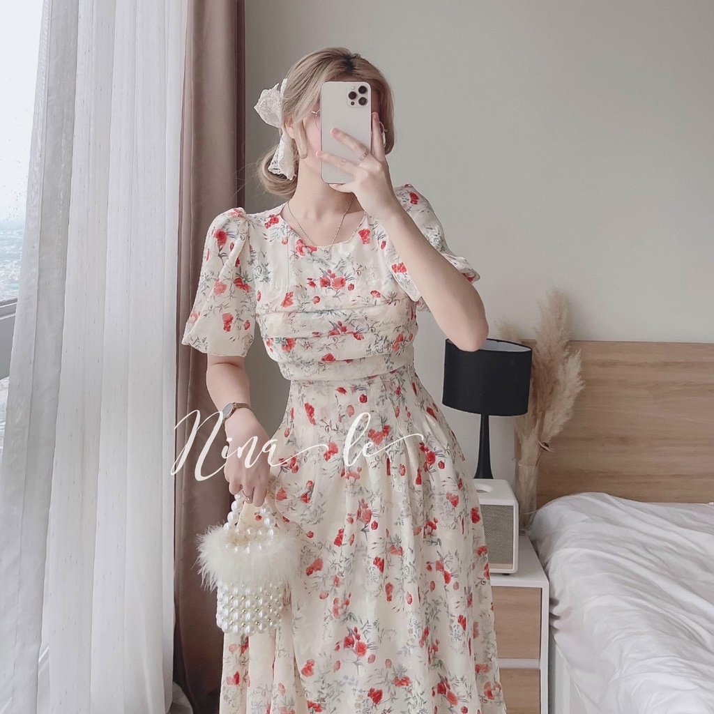 Đầm váy nữ voan hoa maxi chất vải chingfon 2 lớp thiết kế cổ tròn tay phồng tiểu thư