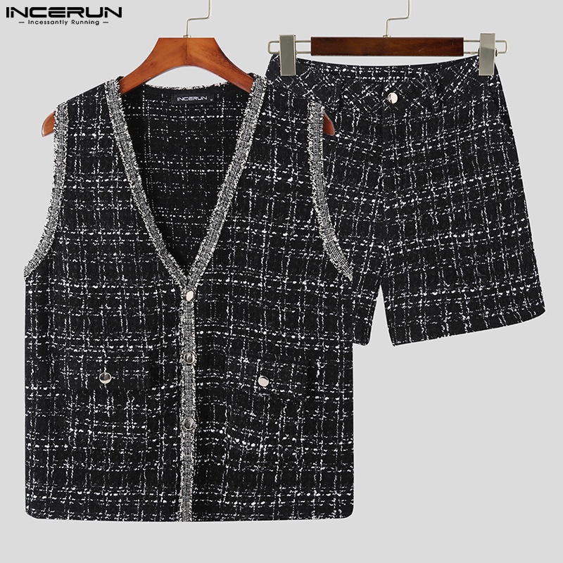 Set trang phục INCERUN áo ghi lê cổ chữ V + quần ngắn thời trang nam