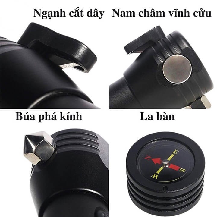 Đèn Pin Đi Phượt, Tự Vệ Đa Năng Sạc Năng Lượng Mặt Trời, Có Búa Phá Kính Cứu Hộ Thoát Hiểm Trên Xe Ô Tô