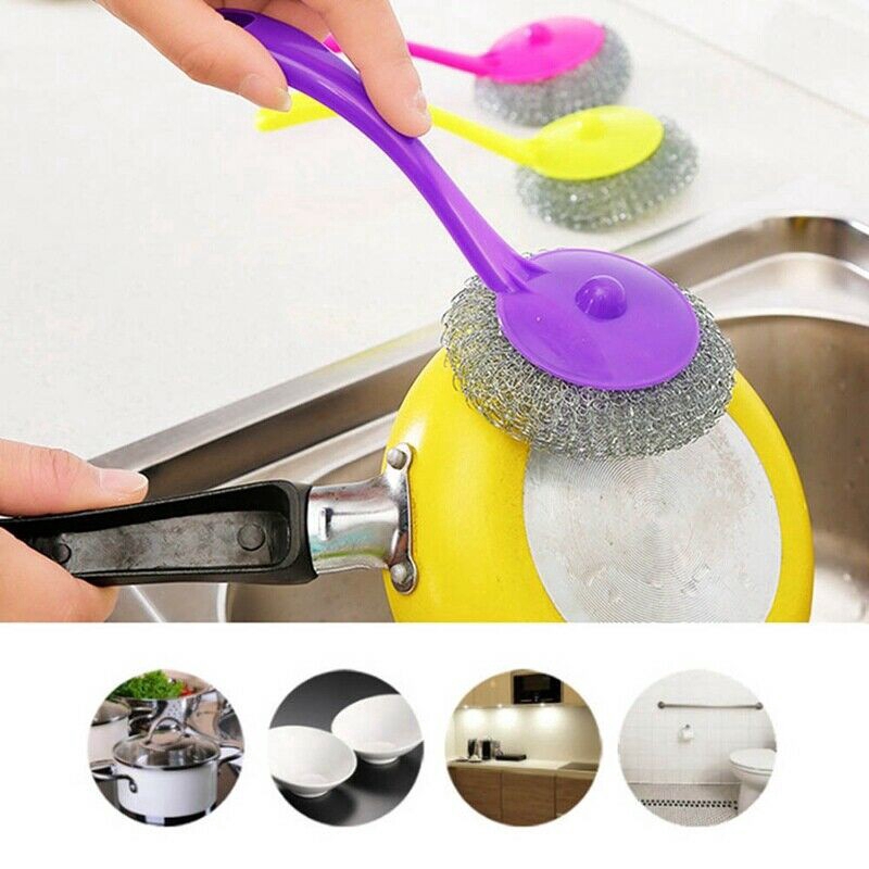 Cọ rửa chén dĩa bằng sợi thép chống dính có tay cầm dài tiện dụng