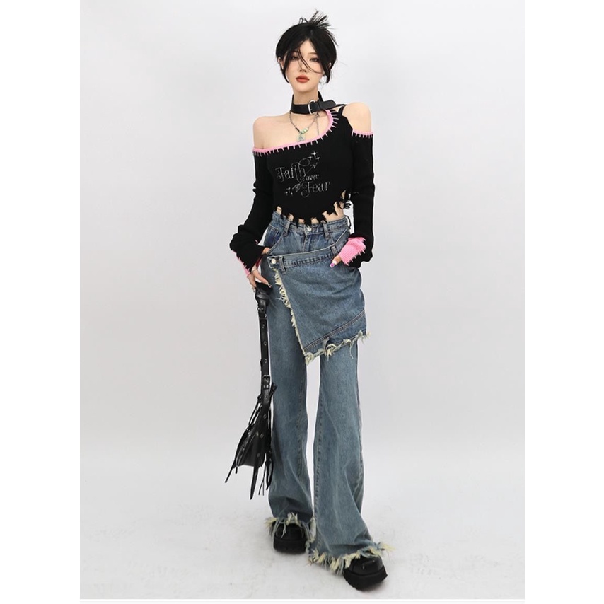 Street style straight jeans women's spring new design sense niche fake two pieces loose horn wide leg pants trendy 8urZ