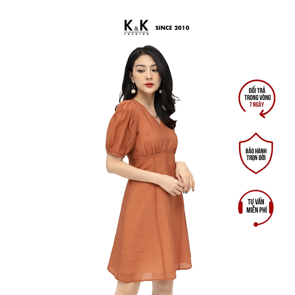 Váy Chữ A Công Sở K&K FASHION KK106-21 Chiết Eo Tay Phồng Vải Voan Màu Cam