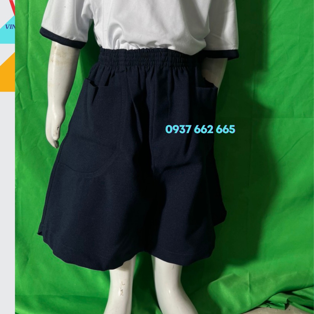 Quần đùi bé trai, short màu xanh đi học, đồng phục học sinh tiểu học, lưng chun, size từ 20kg đến 75kg - Hình thật