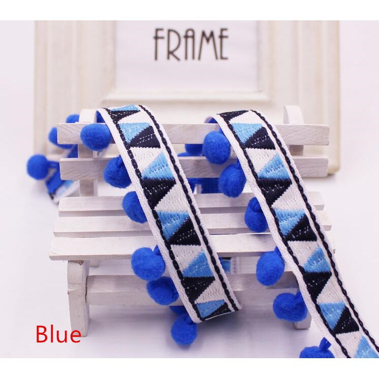 Dải dây thêu hoạ tiết phối tua rua hạt pom pom nhiều màu sắc