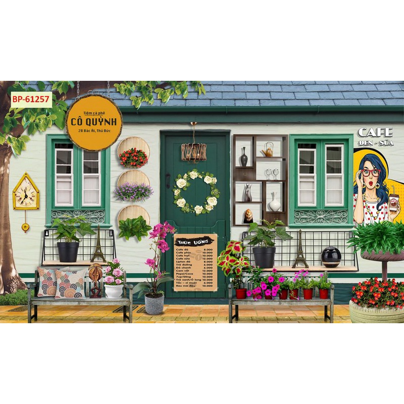 Tranh dán tường Quán Cafe, Trà Sữa, Trang Trí Cửa Hàng 3D tặng keo và dụng cụ dán