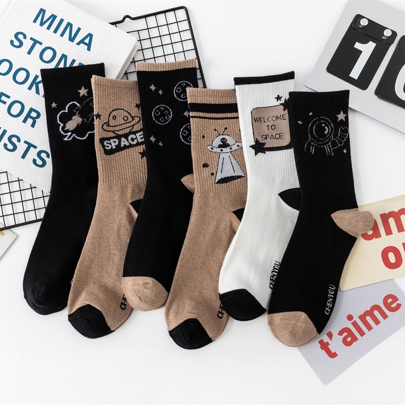 TIAN TIAN T078 Tất vớ nam nữ cổ cao in hình phi hành gia/phi hành gia/phi hành gia màu đen phong cách Nhật Bản độc đáo dễ phối đồ