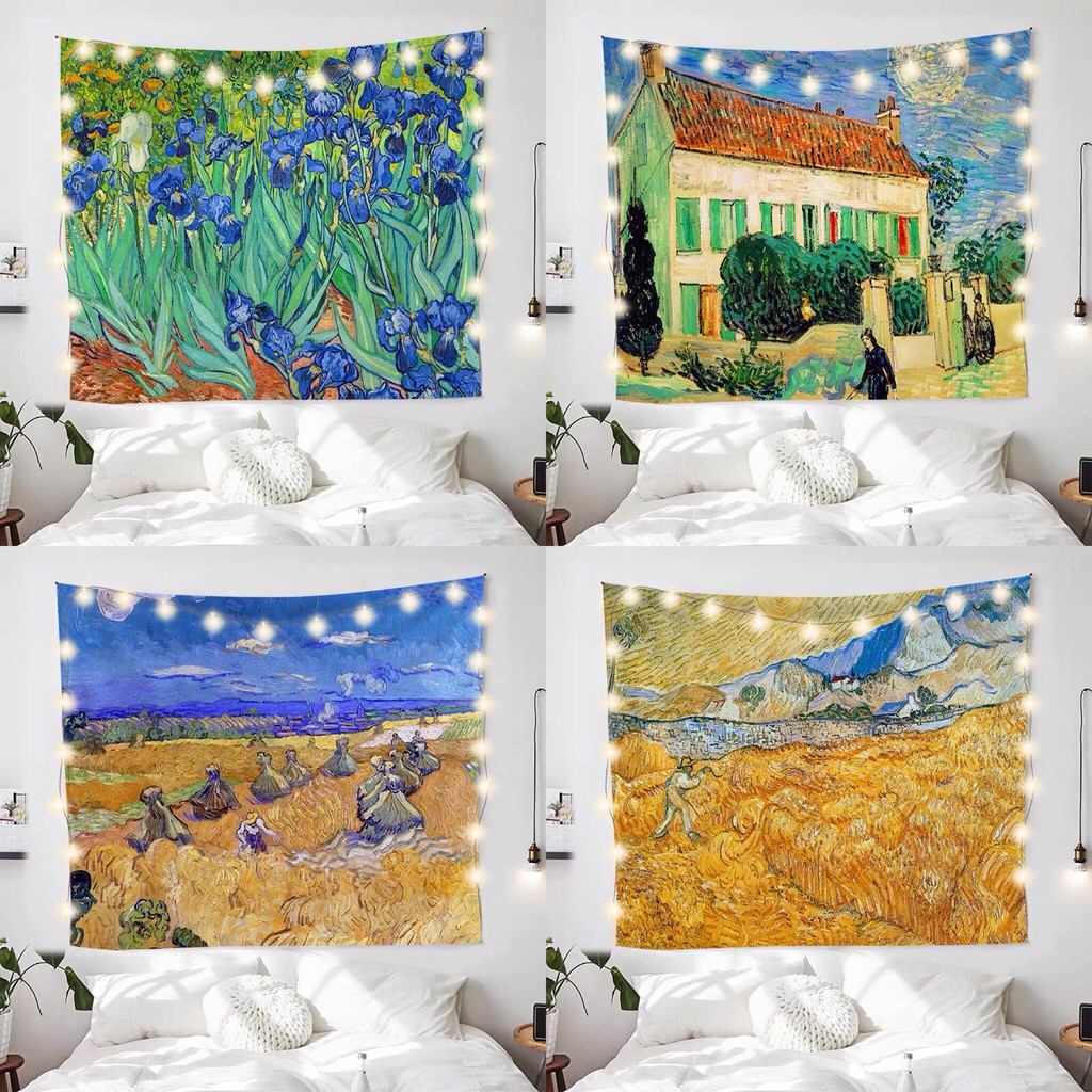 Thảm treo tường trang trí hình tranh Van Gogh và đèn trang trí