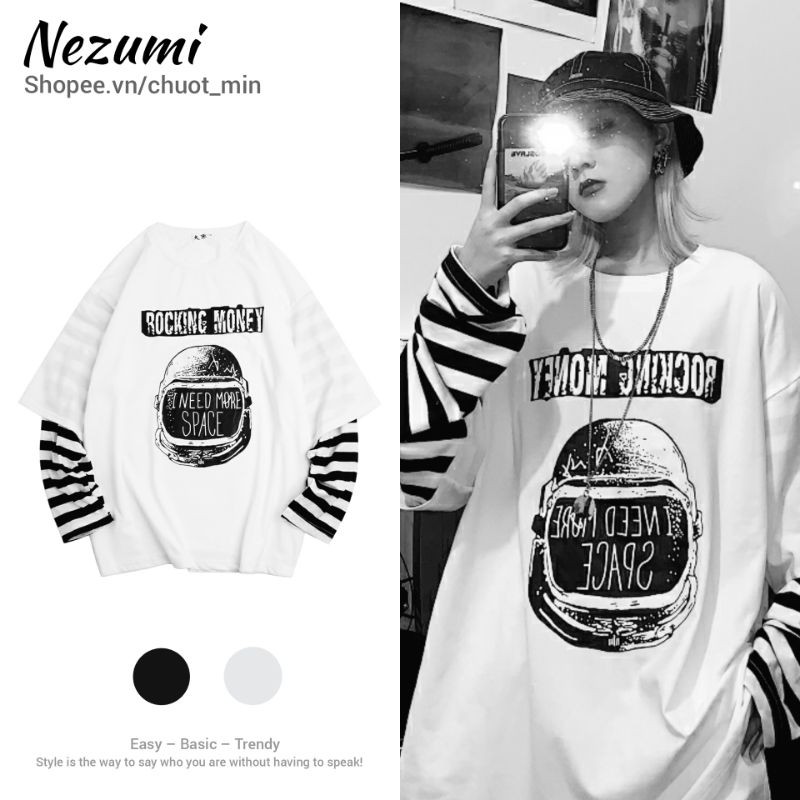 (Sẵn Trắng, Đen M L XL 2XL) Áo thun dài nối tay 95% cotton phối sọc unisex nam nữ