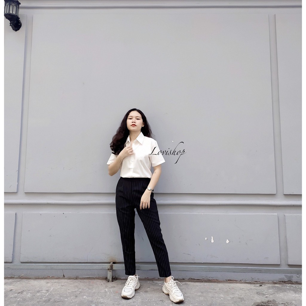 Áo sơ mi tay ngắn phối quần baggy sọc túi xéo Lovi