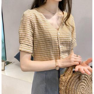 [Lisa]Áo Sơ Mi Tay Ngắn Cổ Chữ V Kẻ Sọc Ca-Rô Thanh Lịch Cho Nữ