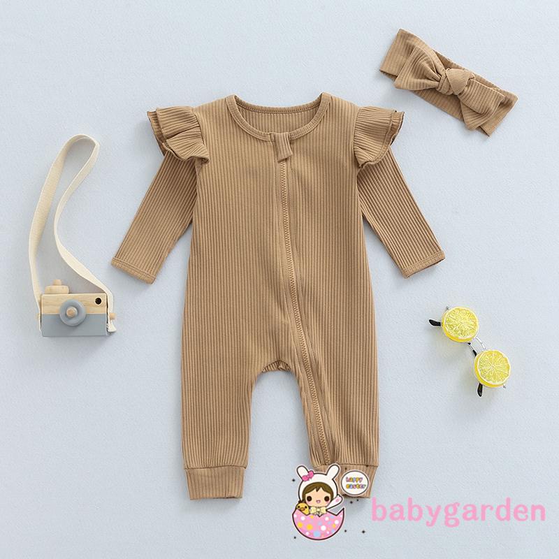 Bộ Áo Liền Quần Tay Dài Cổ Tròn Có Khóa Kéo Màu Trơn + Băng Đô Cài Tóc Xinh Xắn Cho Bé Gái 0-18 Tháng Tuổi