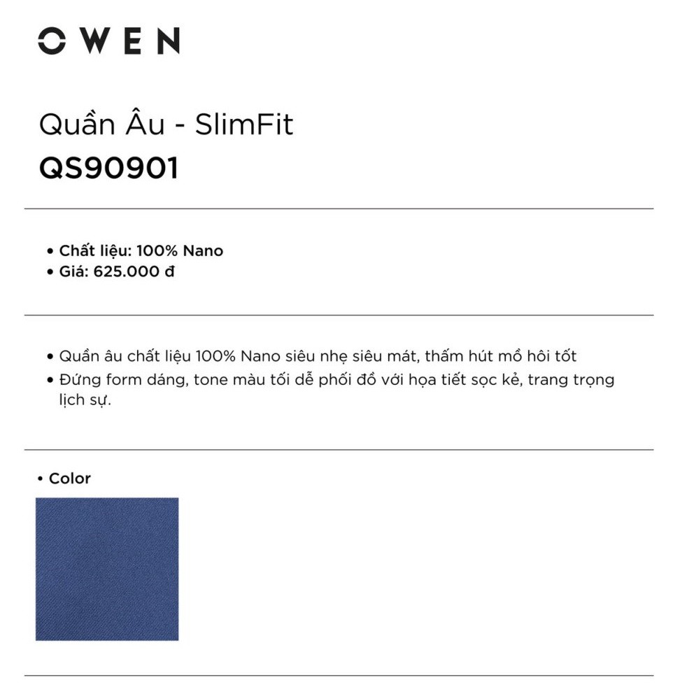 Quần Tây Nam Owen QS90901 Quần Âu Nam Kiểu Dáng Slim Fits Chất Vải Nano