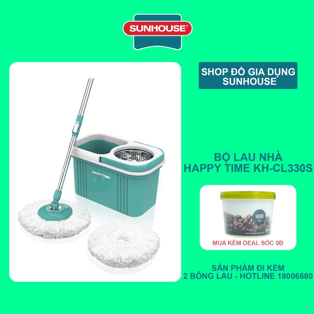 Bộ Lau Nhà Xoay 360 Độ Sunhouse Happy Time KH-CL330S [tặng thêm 1 bông lau] New 2021