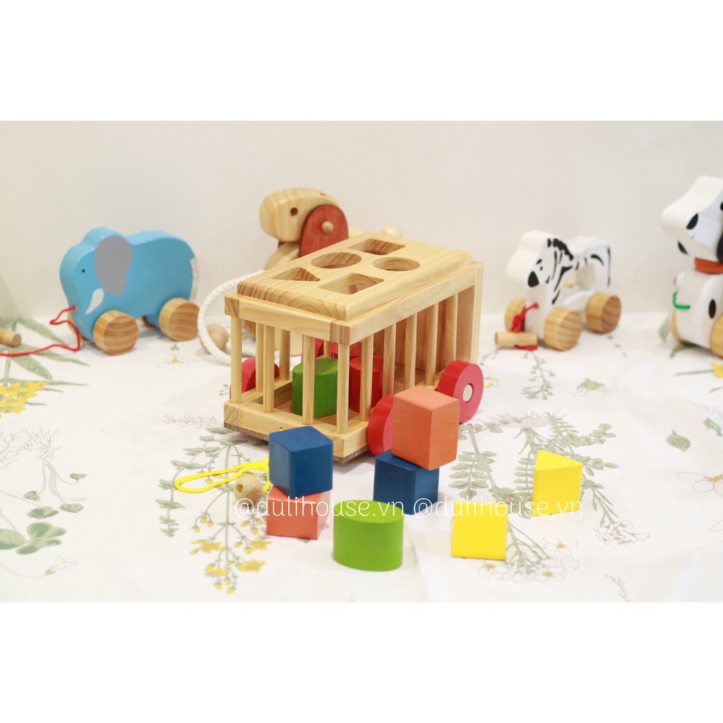 Đồ chơi xe cũi thả hình khối gỗ an toàn việt nam, đồ chơi xe kéo thả hình khối thông minh trí tuệ cho bé