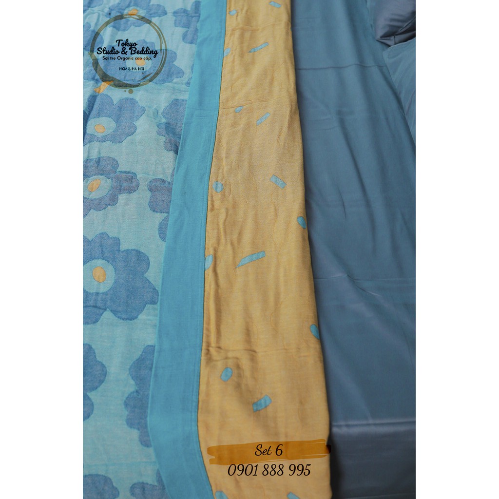 Set 06 _ Chăn Xô Cotton Sợi tre Organic dòng Basic &amp; Ga gối Lụa