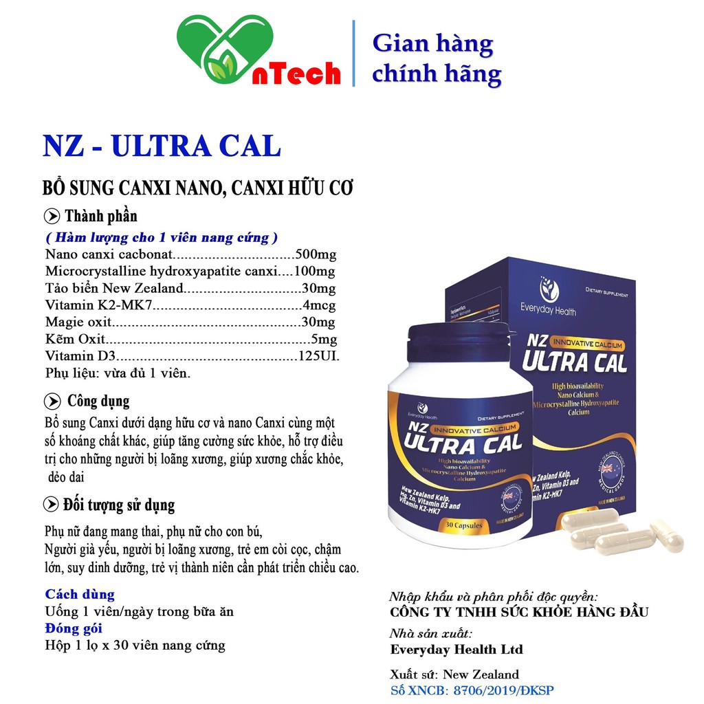 Viên uống Everyday Health NZ - Ultra Cal bổ sung Canxi hữu cơ cho phụ nữ mang thai và người thiếu canxi hộp 60 viên