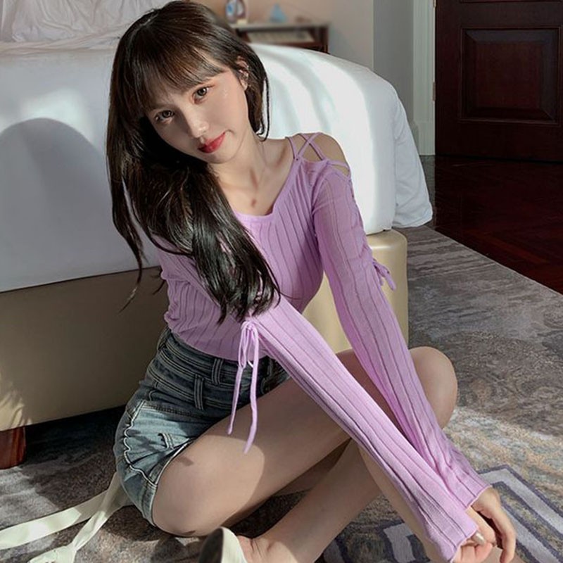 Áo Thun Tay Dài Dây Đan Chéo Trước Ngực Phong Cách Nữ Tính
