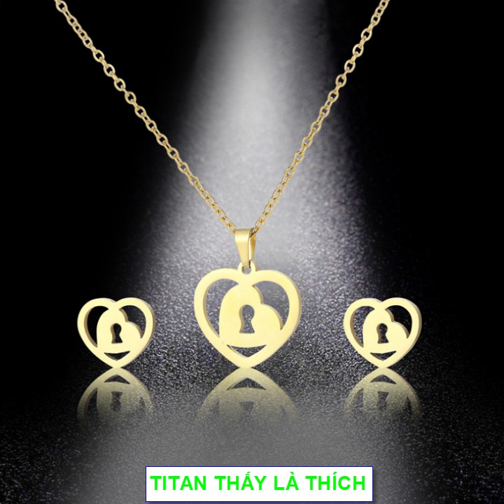 Bộ nữ trang màu vàng titan nữ mặt tim yêu thương - Hàng titan vàng 18k sáng bóng đẹp - Cam kết 1 đổi 1 nếu đen và gỉ sét