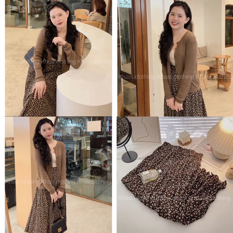 Set 3 món cardigan + áo trong + chân váy hoa nhí