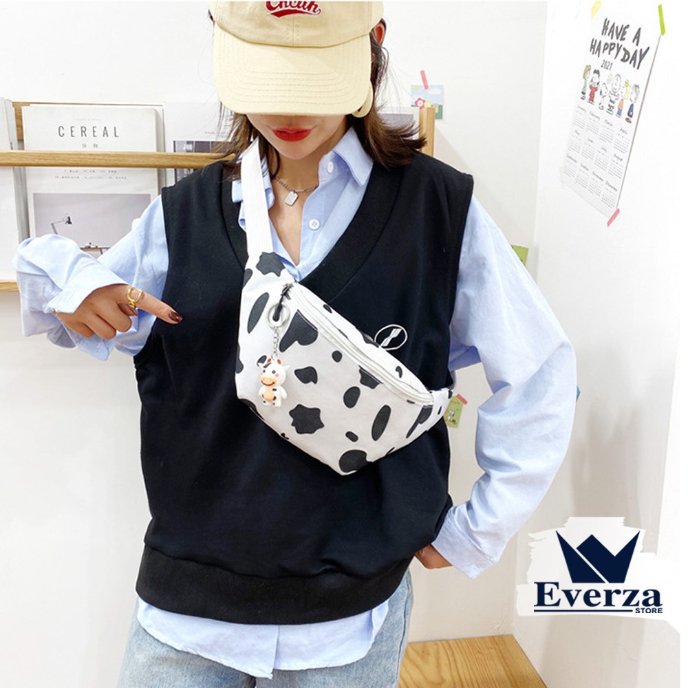 Túi Đeo Chéo Bao Tử Nữ Vải Canvas Dễ Thương Họa Tiết Bò Sữa Trẻ Trung Cá Tính Phong Cách Hàn Quốc