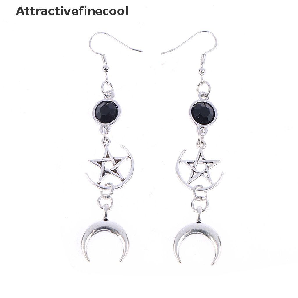 Bông Tai Đính Đá Đen Hình Ngôi Sao Và Mặt Trăng Phong Cách Gothic
