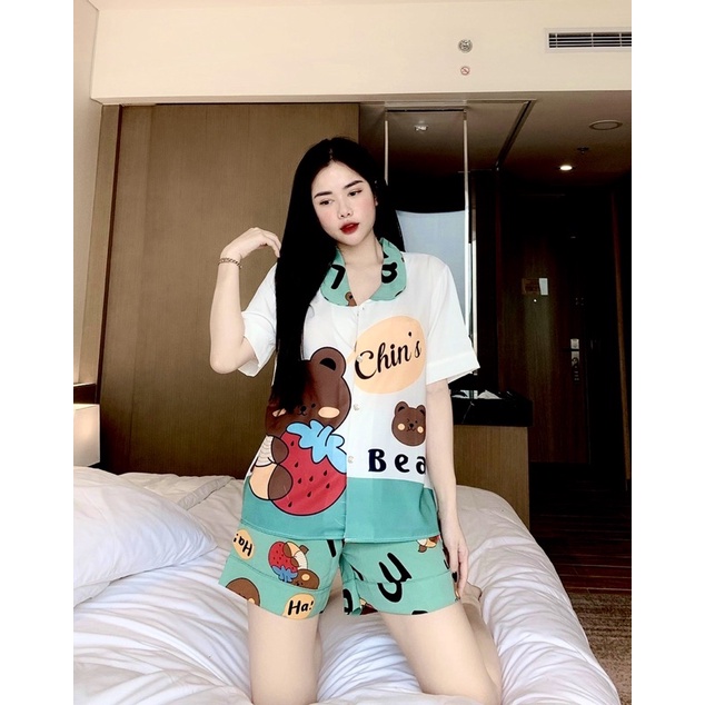 Đồ bộ pijama mặc nhà Lụa Mango tay ngắn quần đùi cổ sen dễ thương cho bạn nữ