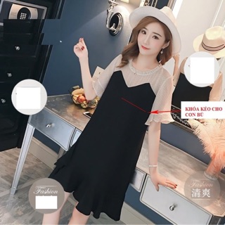 Đầm bầu suông kết hợp khoá kéo măc sau sinh