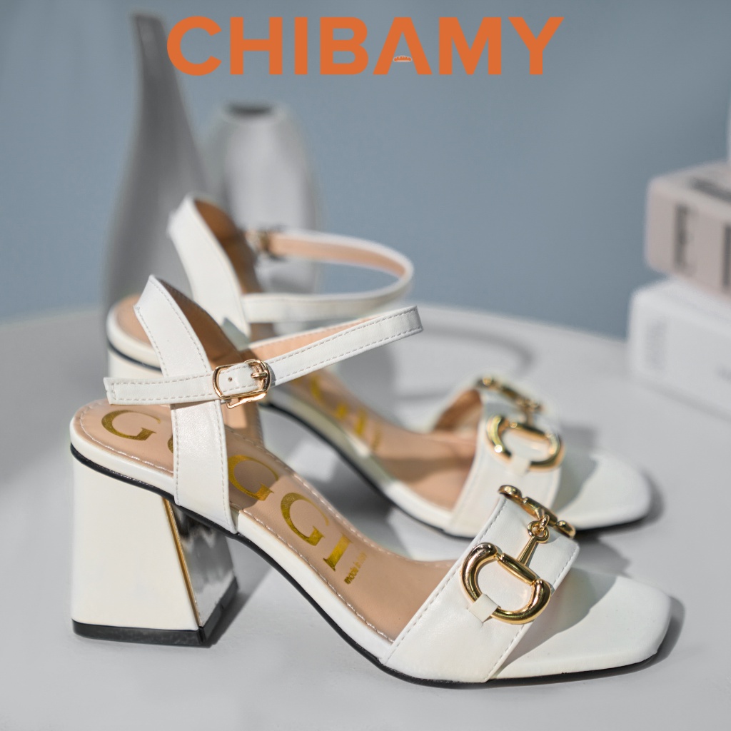Sandal cao gót nữ GuC chất da mềm CHIBAMY, dép quai hậu nữ gót vuông cao 7cm